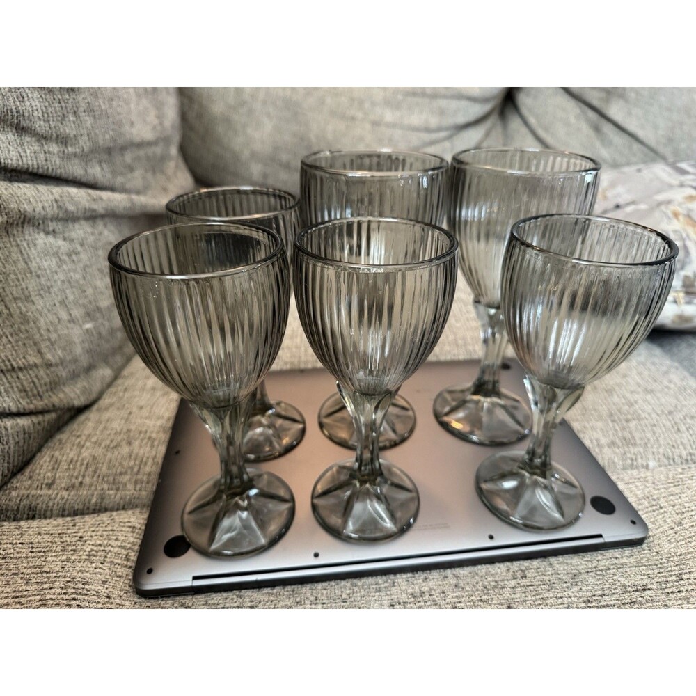 6 Vintage Fostoria MONET Optic Ribbed Smokey Grey Wine Glasses 2 Large 4 Smaller